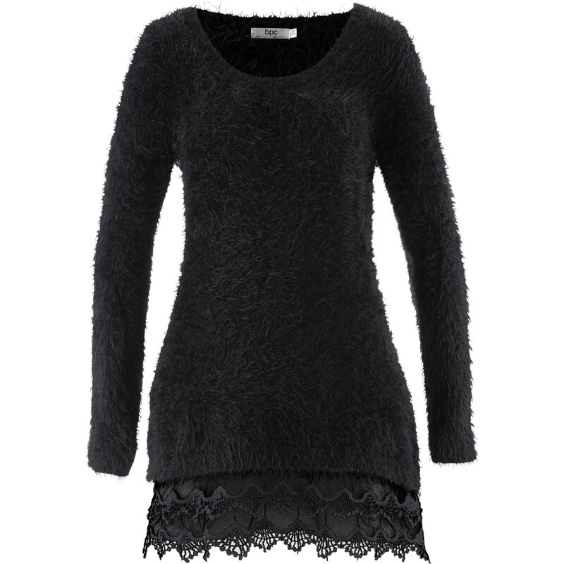 bpc bonprix collection Langarm-Long-Pullover mit Spitze in schwarz für Damen von bonprix