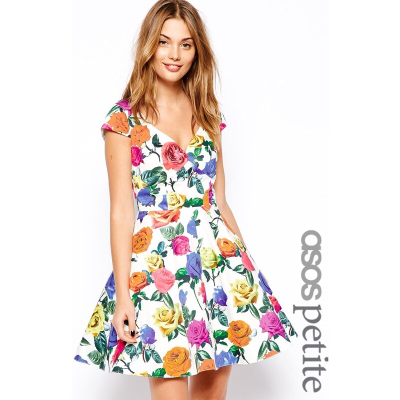 ASOS PETITE - Exklusives Bardot-Kleid mit buntem Blumenmuster - Druck