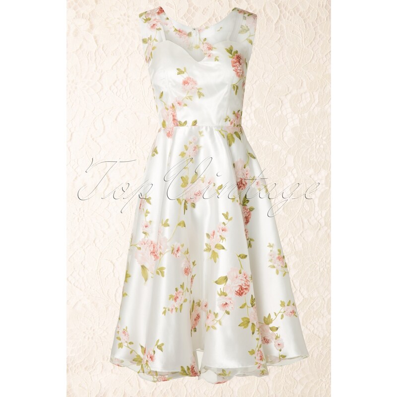 Unique Vintage 50s High Society Floral Swing Dress Ivory
