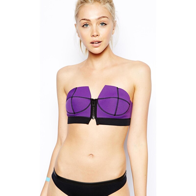 N.L.P - Lang geschnittenes Neopren-Bikinioberteil im Bandeau-Stil mit Reißverschluss - Violett