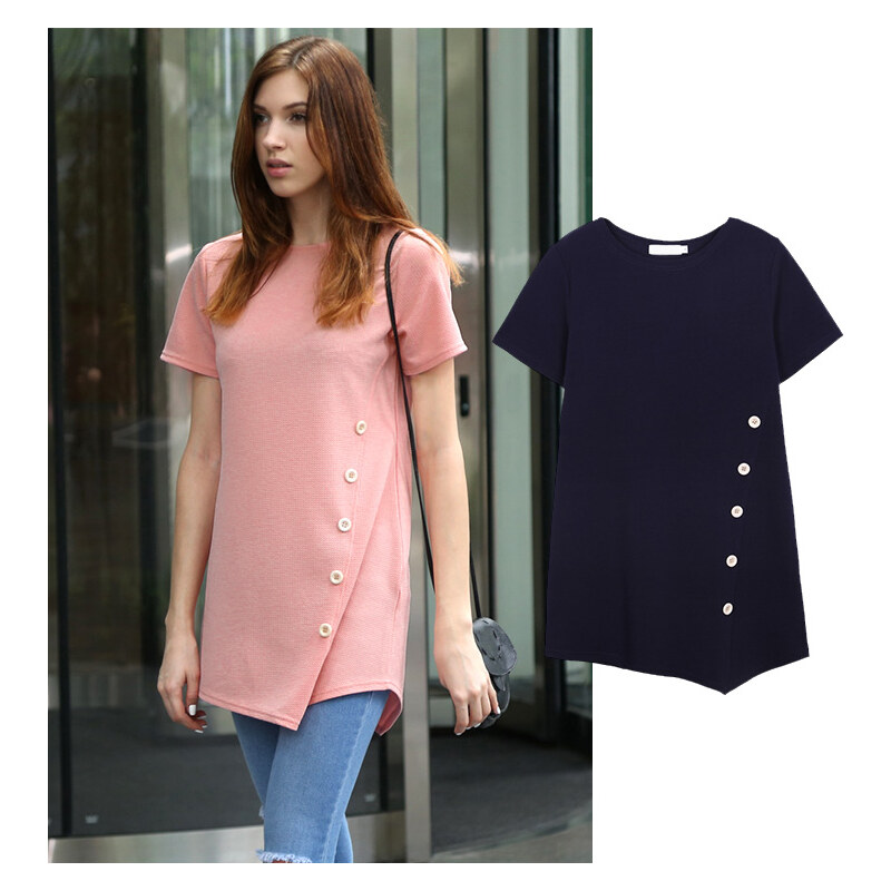 Lesara Asymmetrisches Long-T-Shirt mit Knopf-Details - S - Rosa