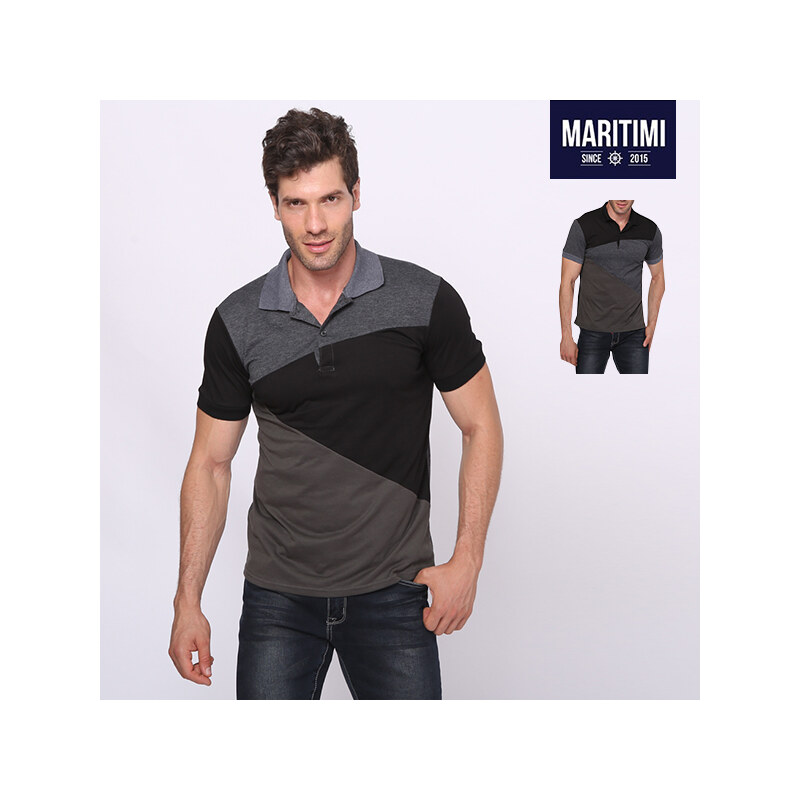 Maritimi Slim Fit-Poloshirt im Farbblock-Design - Schwarz - 3XL