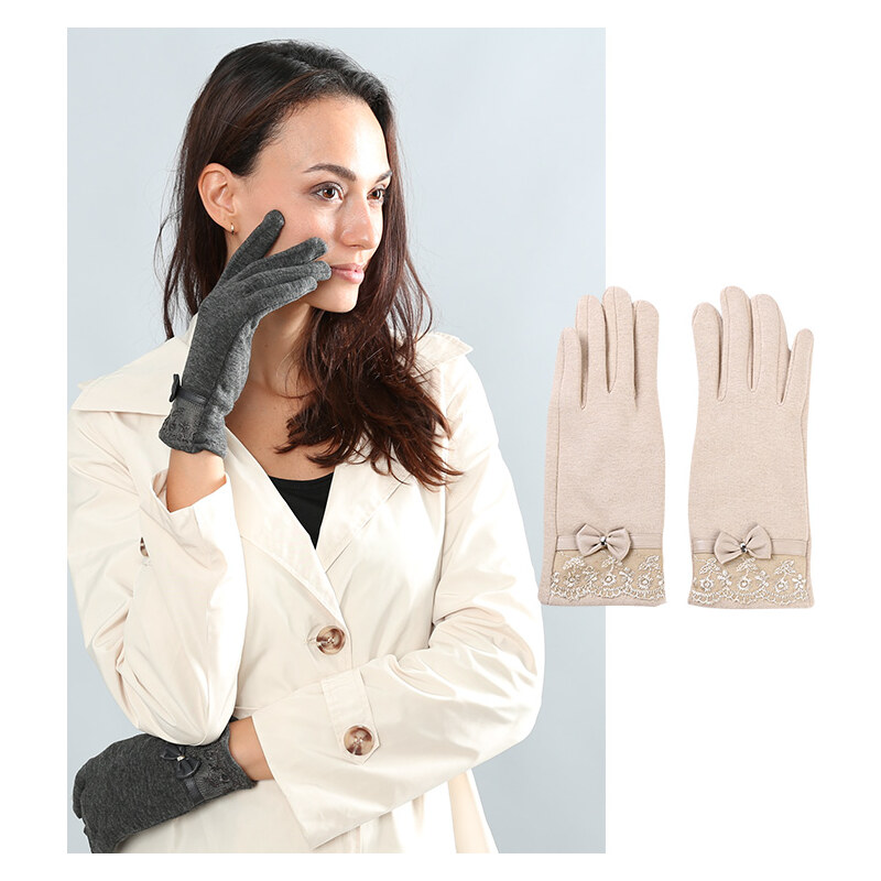 Lesara Touchscreen-Handschuhe mit Kunstleder-Schleife - Beige