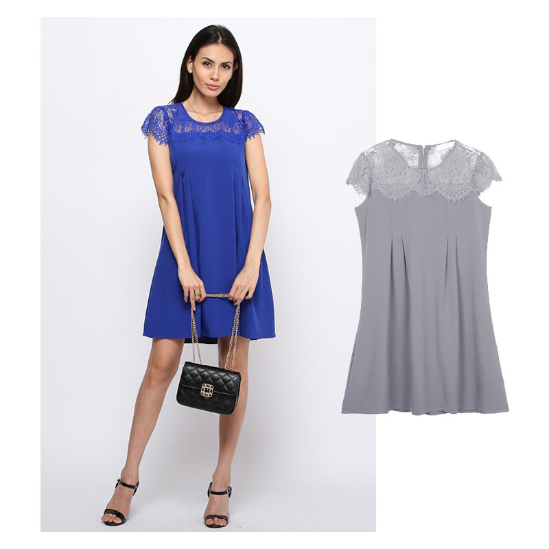 Lesara Kurzärmeliges Kleid mit Schulterpartie aus Spitze - M - Blau
