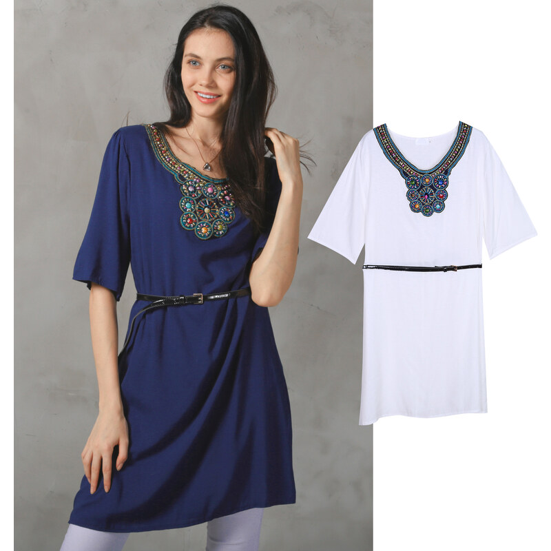 Lesara Kurzes Kleid mit verziertem Ausschnitt & Gürtel - Blau - S