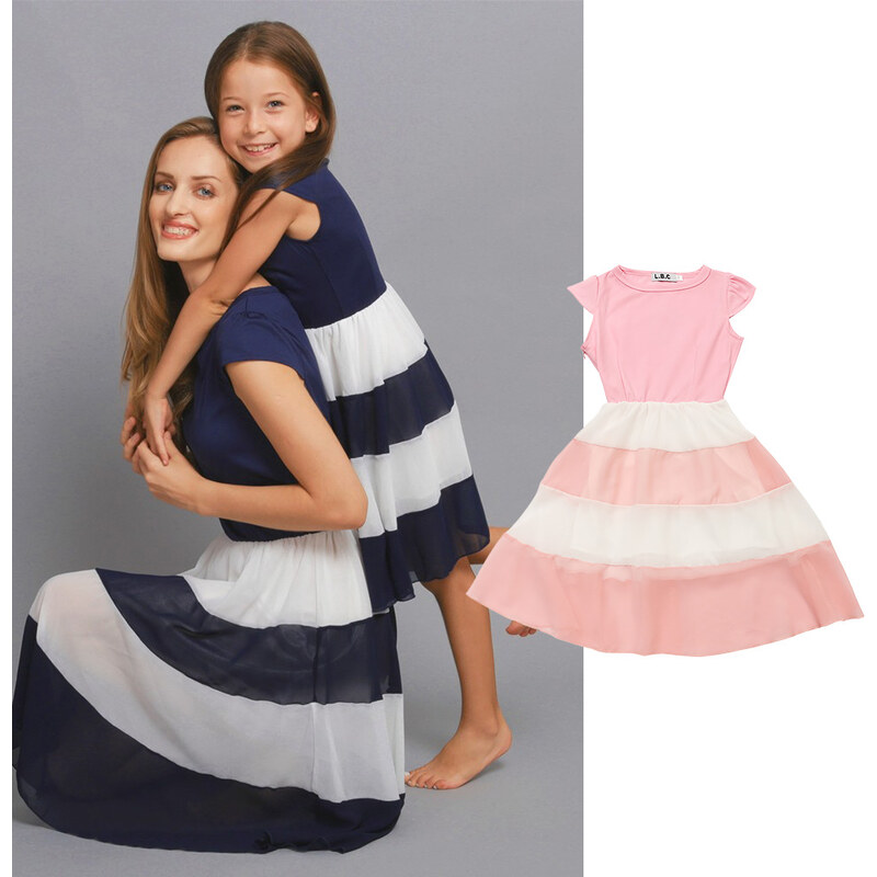 Lesara Kinder-Chiffon-Kleid mit gestreiftem Rockteil - 92 - Blau