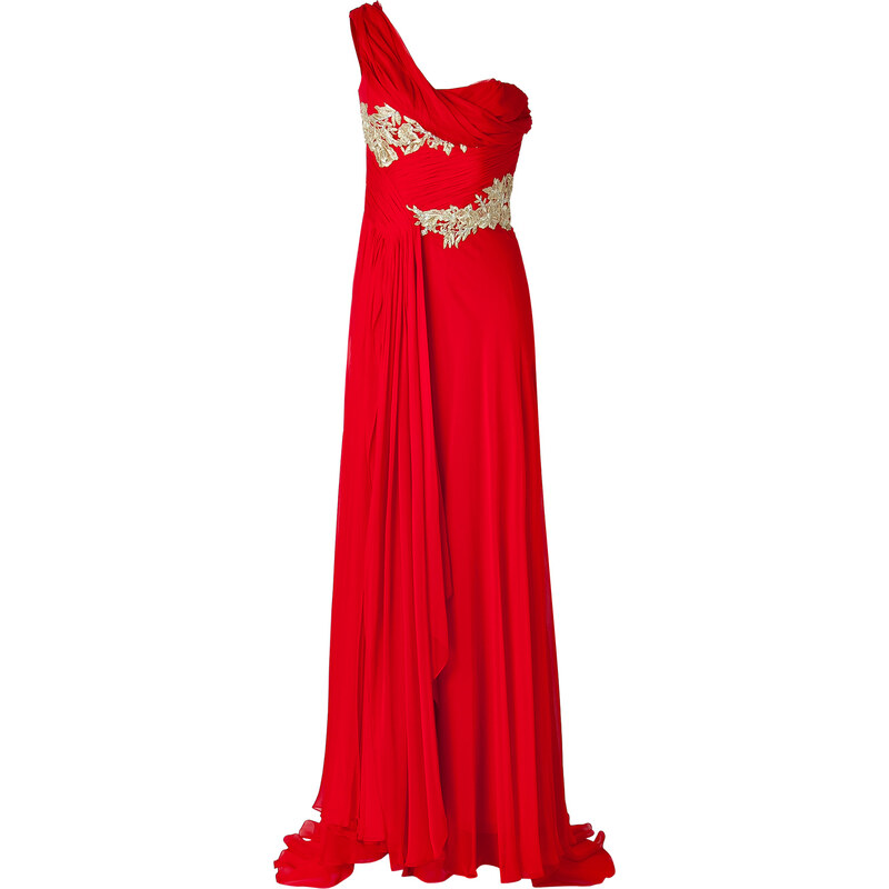 Marchesa Silk Embellished One Shoulder Gown in Red