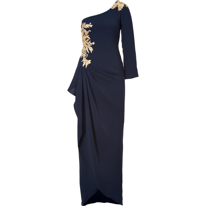 Marchesa Silk Embellished One Shoulder Gown in Navy