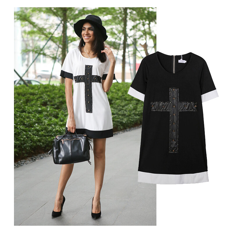 Lesara T-Shirt-Kleid mit Kreuz-Motiv in Leder-Optik - M - Schwarz