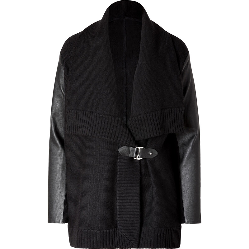 Ralph Lauren Black Label Wool-Cashmere Leather Sleeve Cardigan in Black