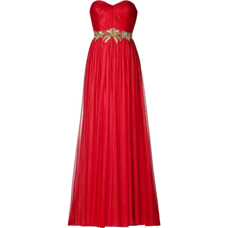Marchesa Tulle Gown with Leaf Embroidery in Red