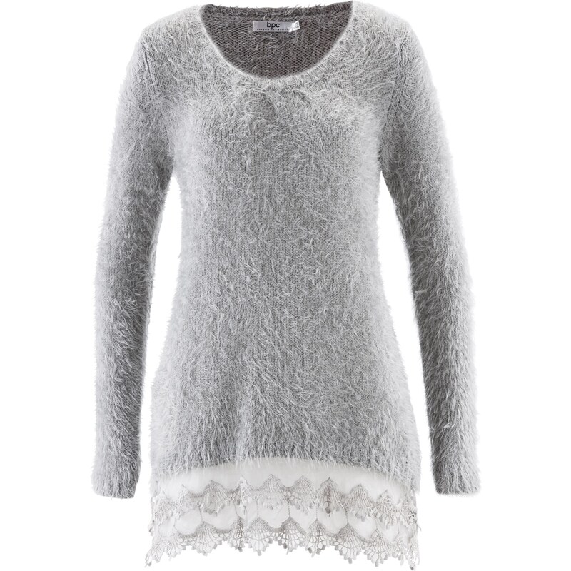 bpc bonprix collection Langarm-Long-Pullover mit Spitze in grau für Damen von bonprix