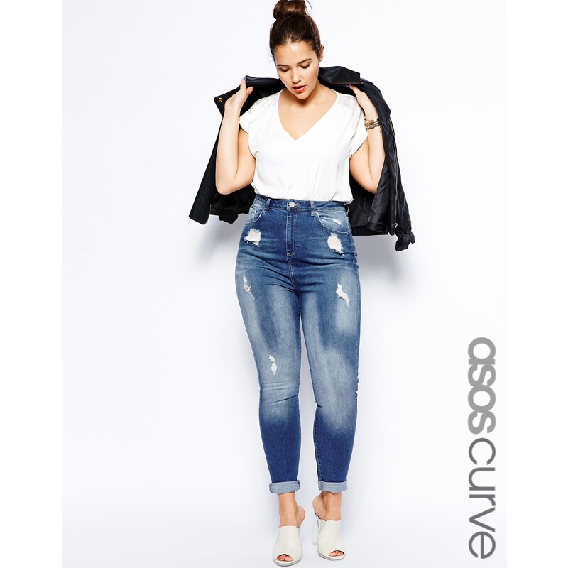 ASOS CURVE - Enge Jeans mit hoher Taille und Rissen - Blau