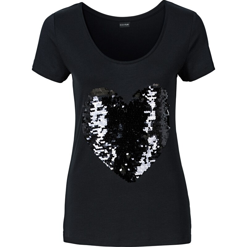 BODYFLIRT Shirt mit Herz aus Pailletten kurzer Arm in schwarz für Damen von bonprix