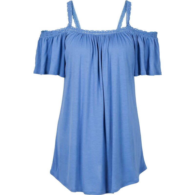 RAINBOW Shirt mit Spitzenborte kurzer Arm in blau für Damen von bonprix