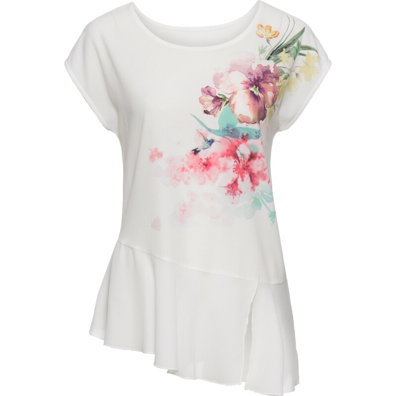 BODYFLIRT Shirt mit Webbesatz kurzer Arm in weiß für Damen von bonprix
