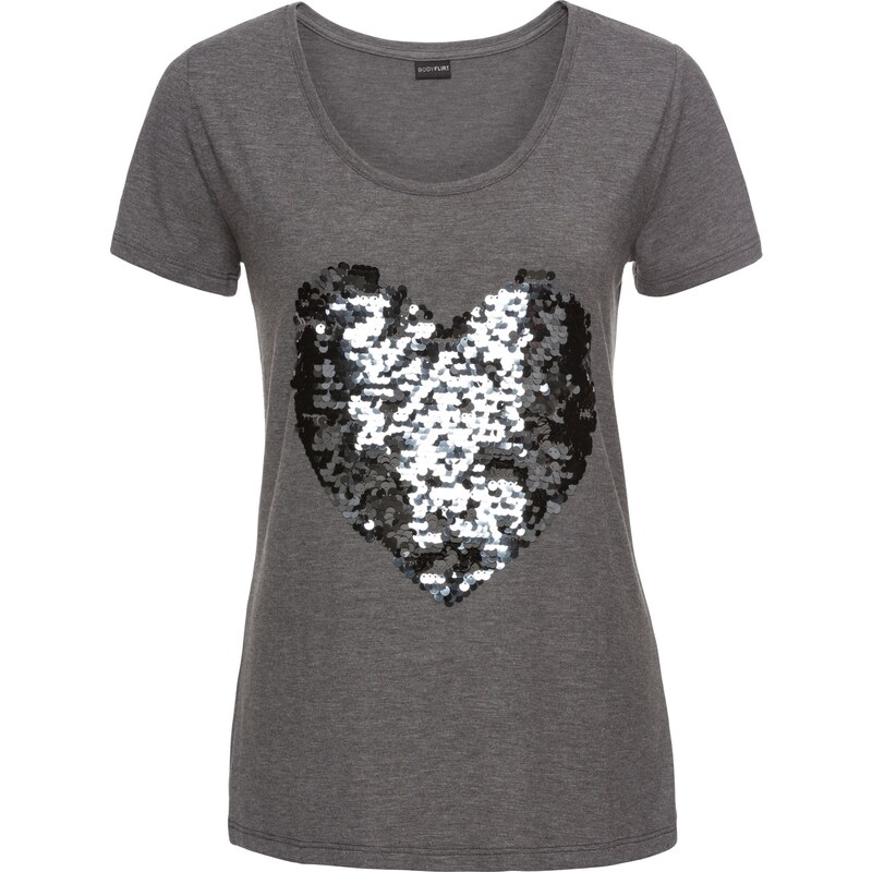 BODYFLIRT Shirt mit Herz aus Pailletten kurzer Arm in grau für Damen von bonprix
