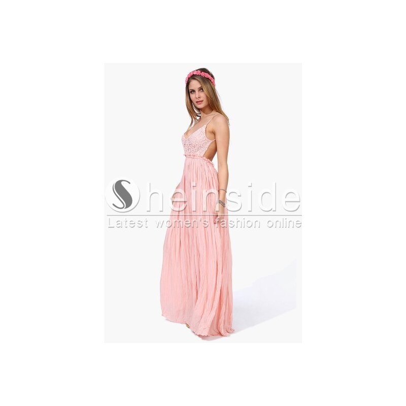 SheInside Pink Spaghetti Strap Embroidered Pleated Maxi Dress