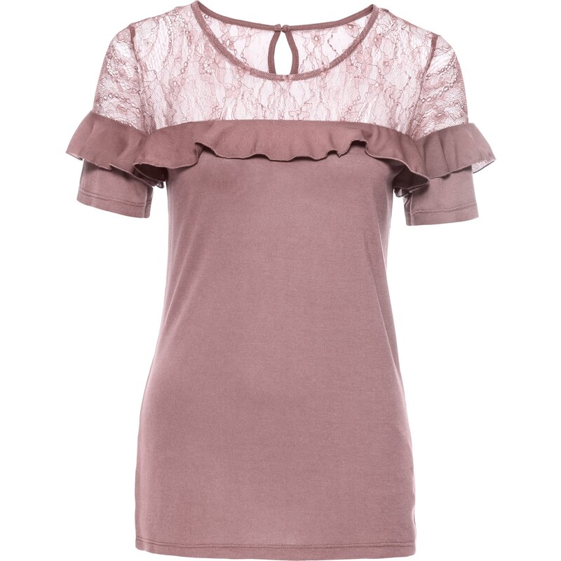 BODYFLIRT Shirt mit Spitze und Volant kurzer Arm in rosa für Damen von bonprix