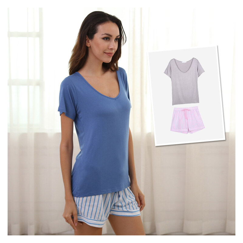 Lesara Kurzer Schlafanzug mit gestreiften Shorts - Rosa - L