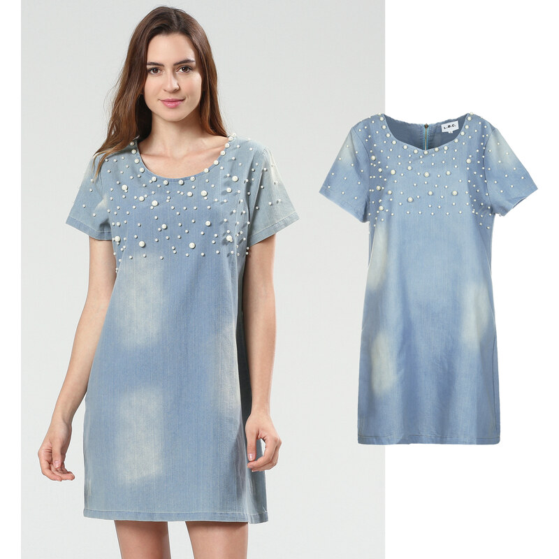 Lesara Jeanskleid mit Kunststoffperlen-Applikationen - Blau - S