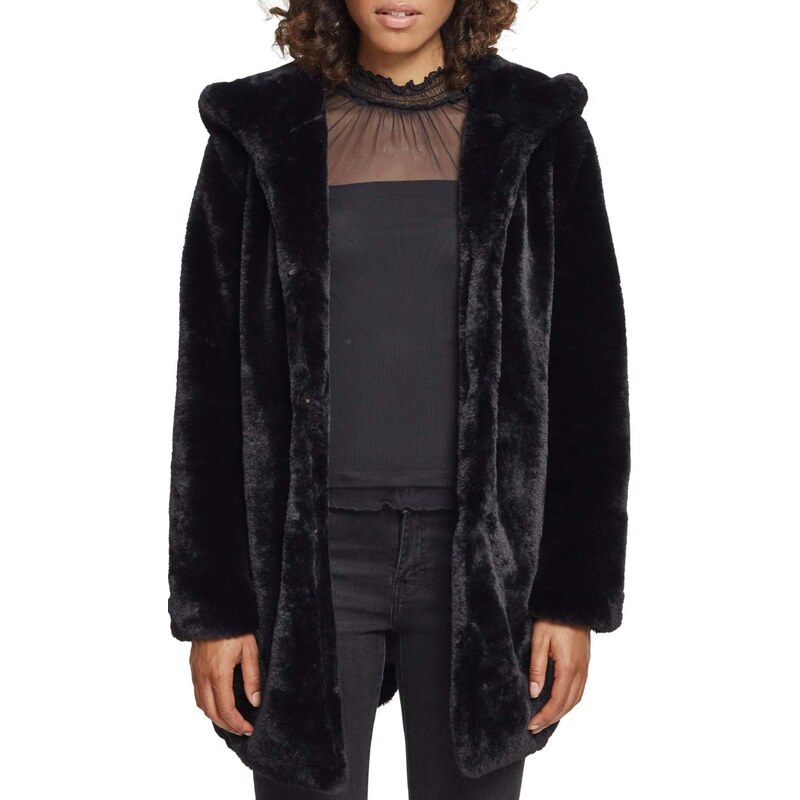 Urban Classics Ladies Hooded Teddy Coat aus Fake Kaninchenfell, Damen Mantel mit Kapuze und Seitentaschen, black, 4XL