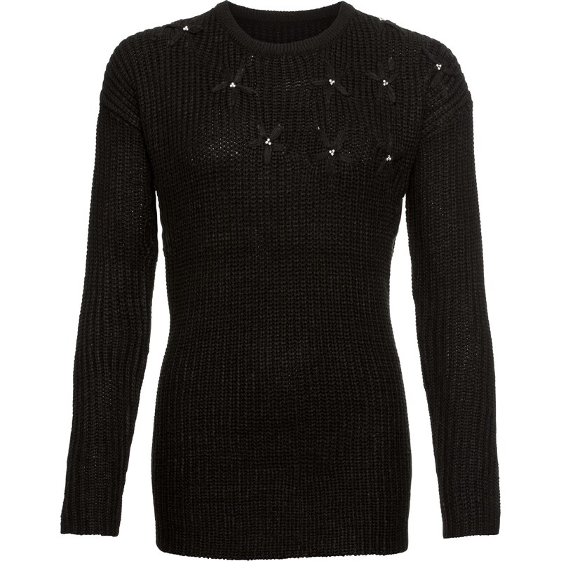 BODYFLIRT Pullover mit Blumenstickerei langarm in schwarz für Damen von bonprix