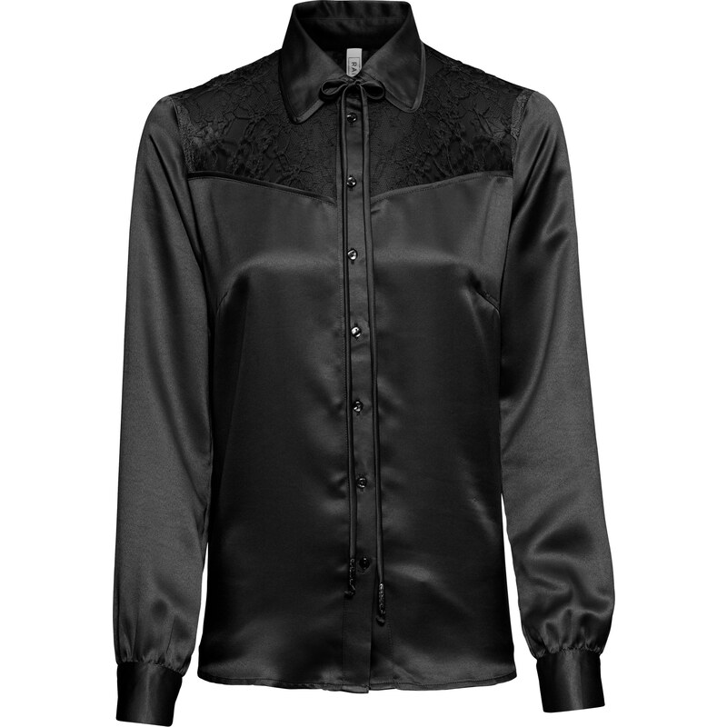RAINBOW Satin-Bluse mit Spitze langarm in schwarz von bonprix