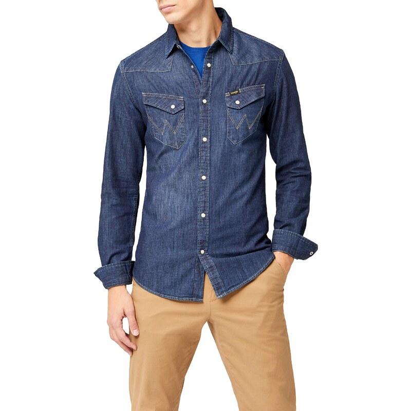 Wrangler Herren Western Denim Shirt Jeans Hemd, Blau (Dark Indigo 1e),  X-Large