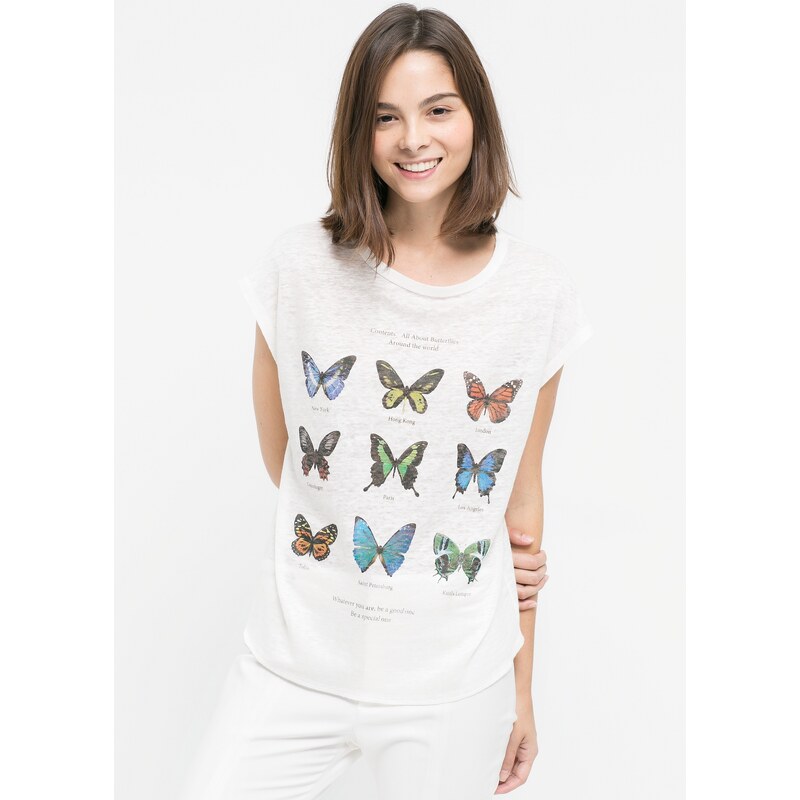 MANGO Leinen-T-Shirt Mit Schmetterlingen