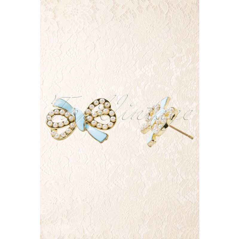 From Paris with Love! Bow for me! Sea Blue Little Pearl Bow Earstuds Gold