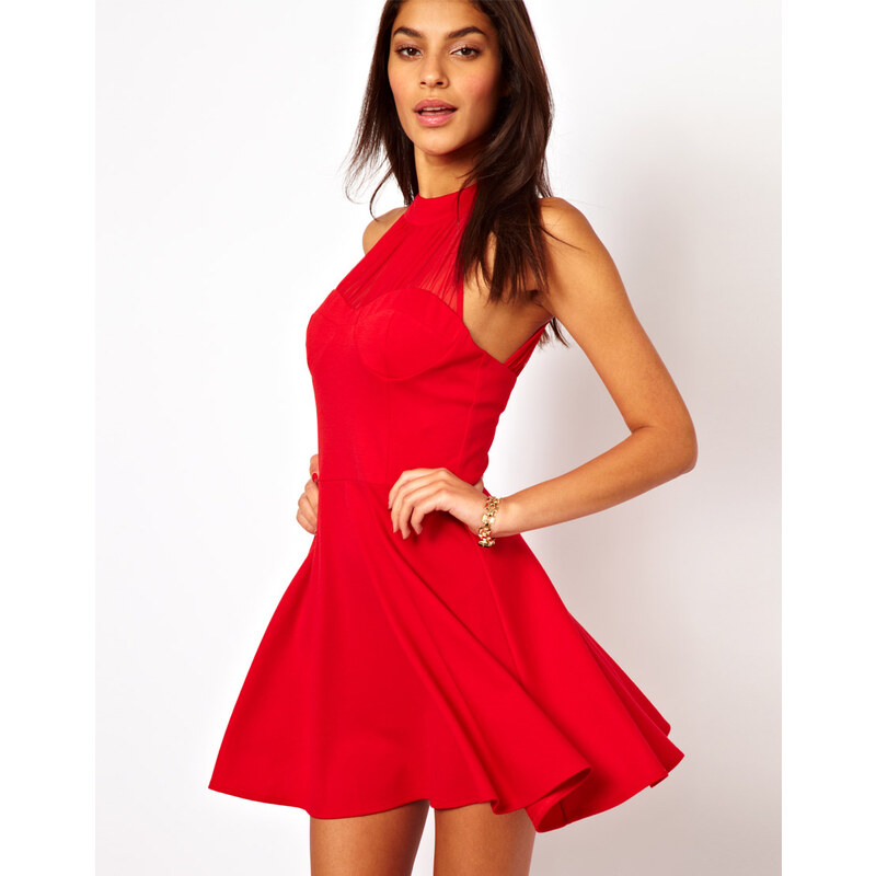 ASOS - Kurzes Kleid im Stil der 90er mit gerafftem Netzeinsatz - Rot