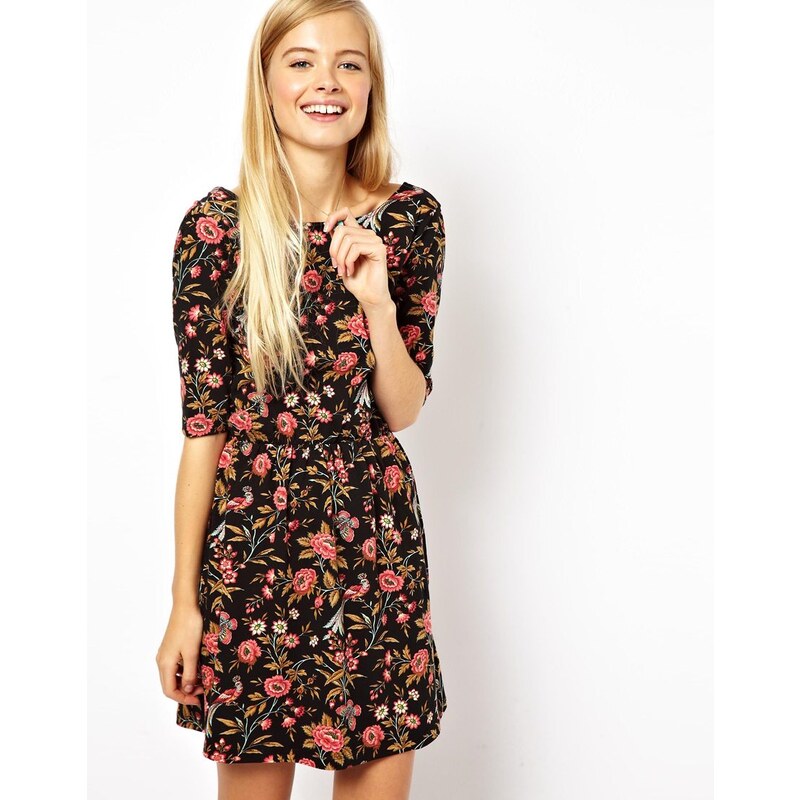 ASOS Skater Dress With Wrap Back In Peacock Print