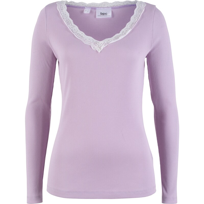 bpc bonprix collection V-Neck Ripp-Shirt mit Spitze langarm in lila für Damen von bonprix