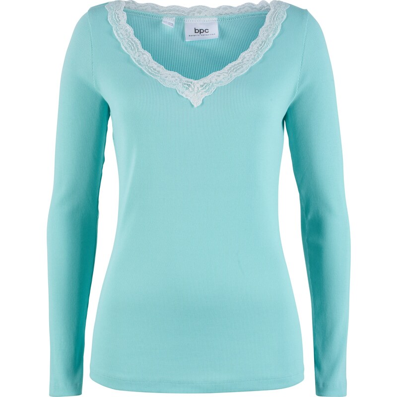 bpc bonprix collection V-Neck Ripp-Shirt mit Spitze langarm in blau für Damen von bonprix