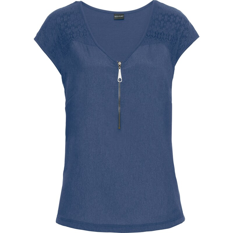 BODYFLIRT Shirt mit Spitzeneinsatz kurzer Arm in blau für Damen von bonprix