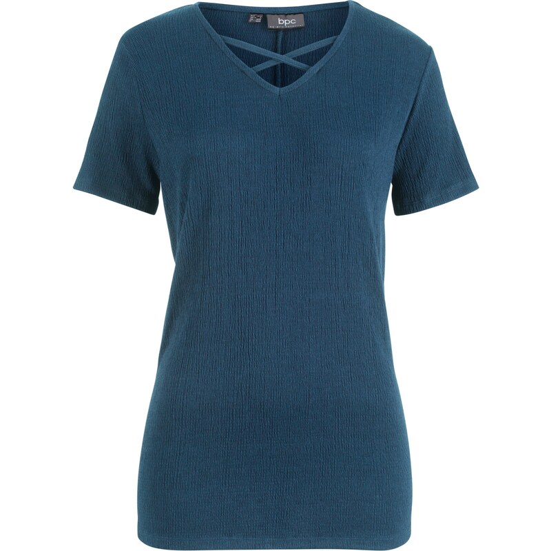 bpc bonprix collection Struktur-Shirt mit dekorativem Ausschnitt, kurzarm in blau für Damen von bonprix