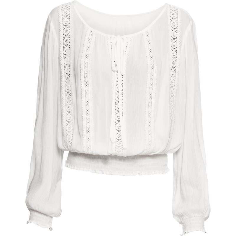 BODYFLIRT Bluse mit Crochet-Spitze langarm weiß Damen bonprix