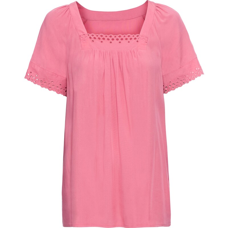 Blusenshirt mit Lochspitze kurzer Arm rosa Damen bonprix