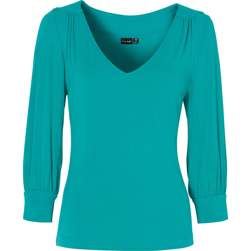 BODYFLIRT Shirt 3/4 Arm figurbetont in grün (V-Ausschnitt) für Damen von bonprix