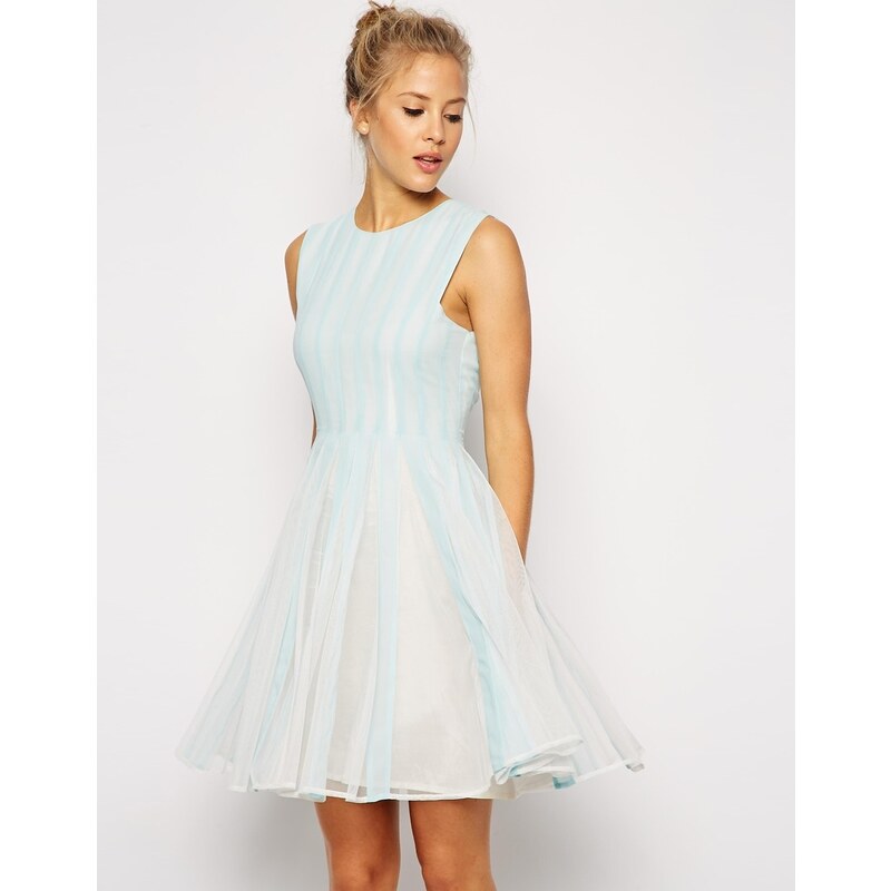 ASOS - Ausgestelltes Kleid mit Netzstoffeinsätzen - Blau