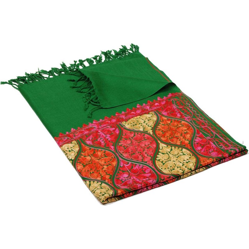 Pranita Kaschmirischer Wollschal Jate M grün mit Stickerei hauptsächlich in Rosa und Rot
