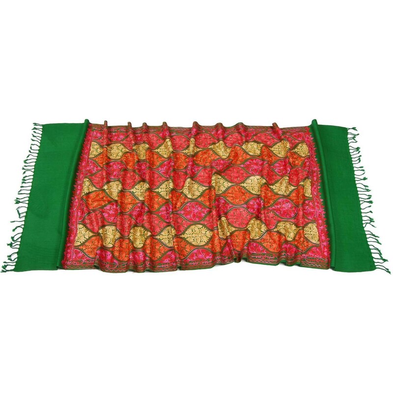 Pranita Kaschmirischer Wollschal Jate M grün mit Stickerei hauptsächlich in Rosa und Rot