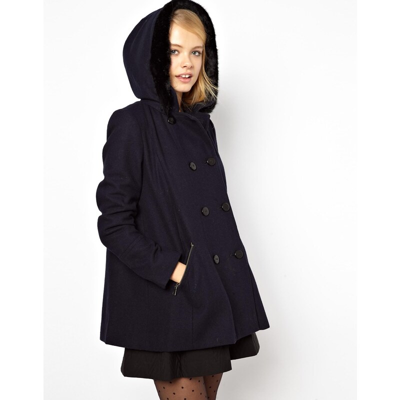 ASOS Hooded A-Line Duffle Coat With Faux Fur Trim Hood