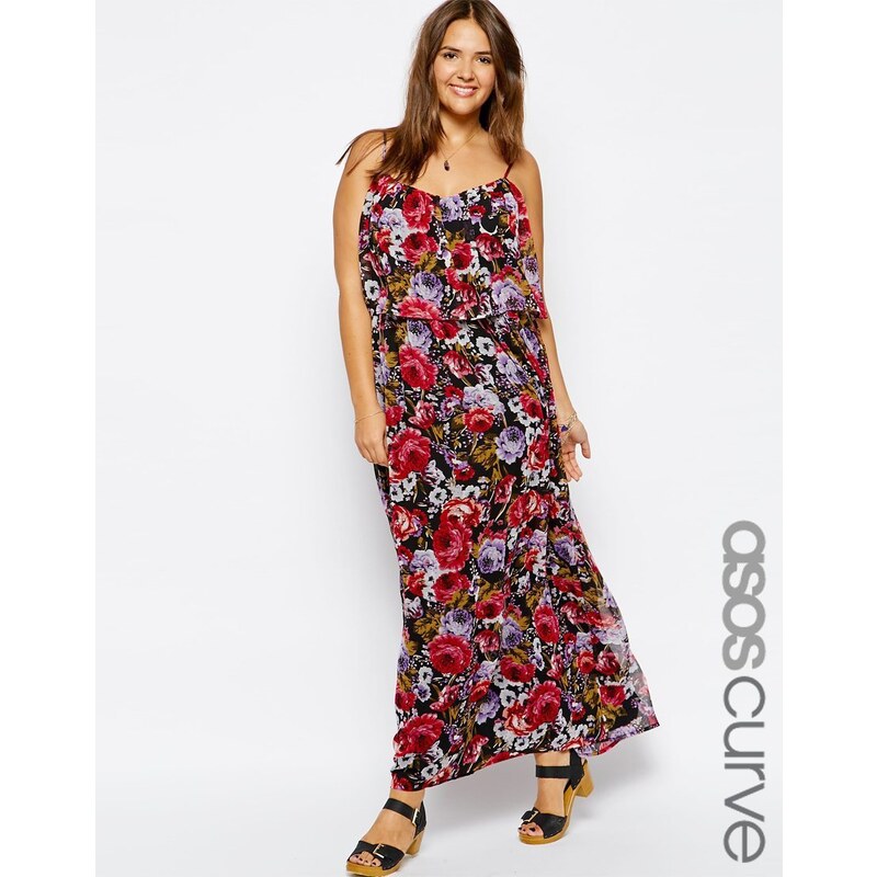 ASOS CURVE - Exklusives, zweilagiges Kleid mit Rosenmuster - Mehrfarbig