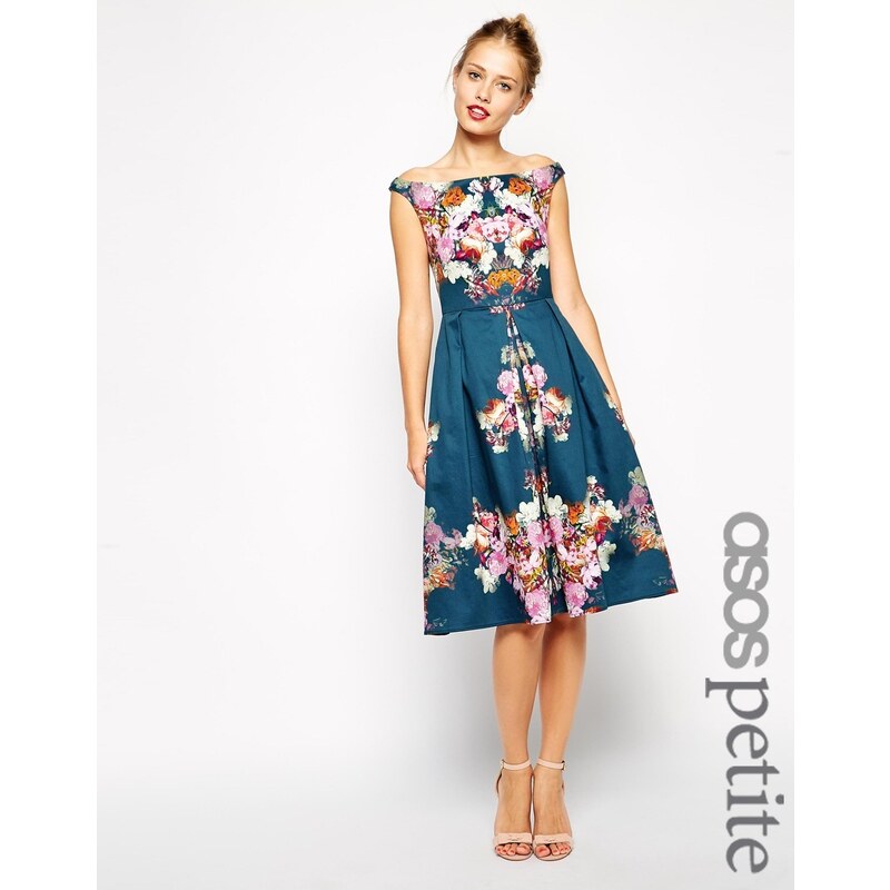 ASOS PETITE - Schulterfreies, knielanges Vintage-Kleid mit Winterblumenmuster - Druck
