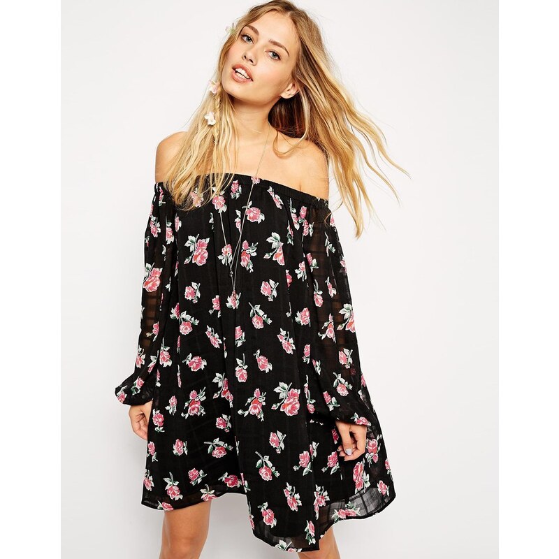 ASOS Gypsy Swing Dress with Off Shoulder Sleeves in Floral Print - Print