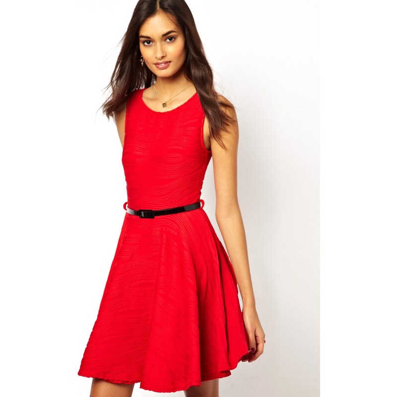 AX Paris Belted Skater Dress in Ripple Fabric