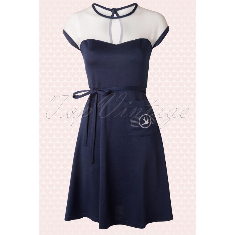 Rock Steady Clothing 50s Sparrow Ribbon Dress Navy and White