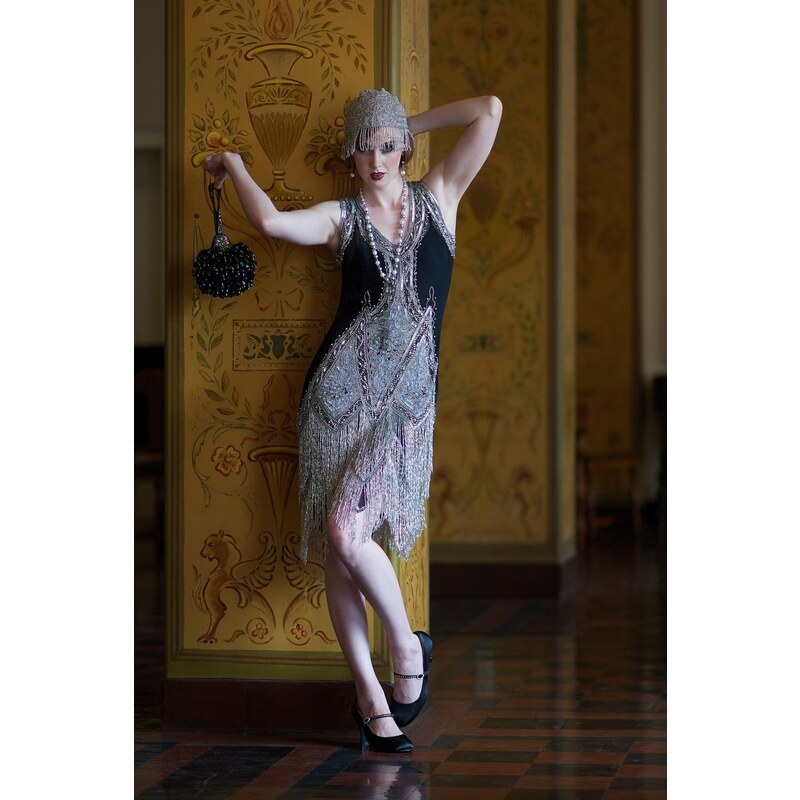 Unique Vintage 20s Deluxe Flapper Dress in Black and Silver